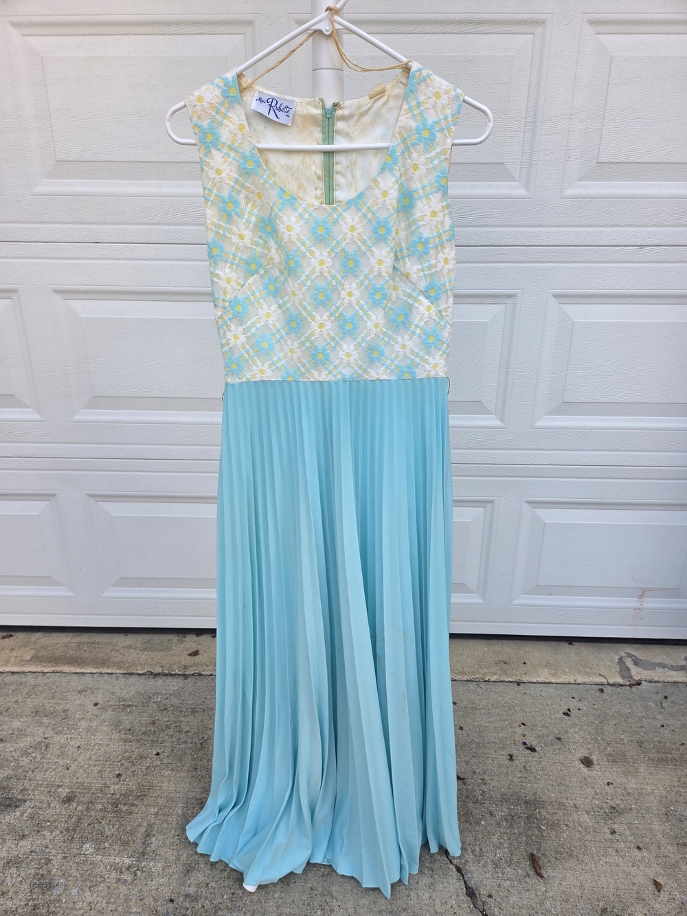 Vintage Miss Rubette Inc Aqua Pleated Maxi Dress with Floral Bodice